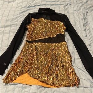 Gold Sequin jazz dance costume dress with black long sleeves.